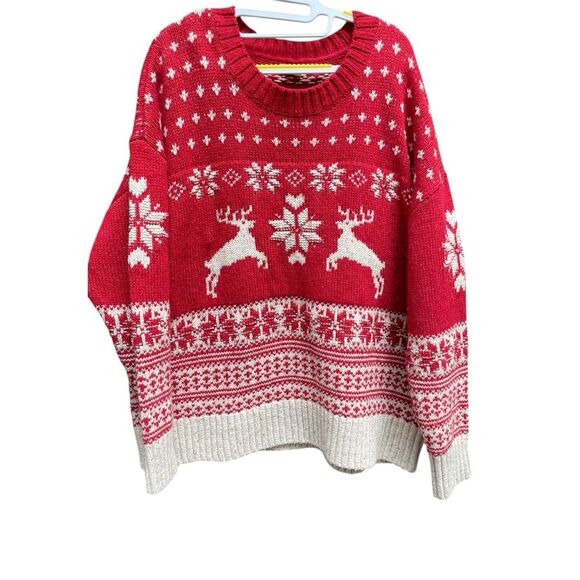Fat Face UK Wool Blend Fair Isle Red Cream Reindeer Ski Resort Sweater Size 18 - Picture 5 of 16